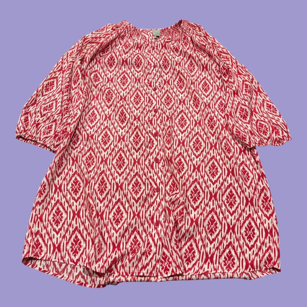 Anthropologie Maeve Dress Womens L Red White Aztec Smocked Neck Button Front